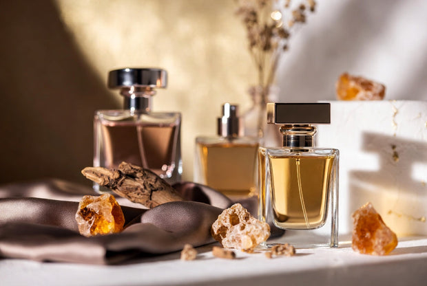 Arabian perfumes for men arranged with oud wood amber resin and warm premium details for Soghaat fragrance guide