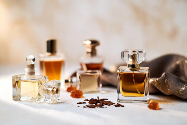 Inspired perfume bottles arranged with warm evening fragrance details for a Soghaat guide to inspired perfumes for evening wear
