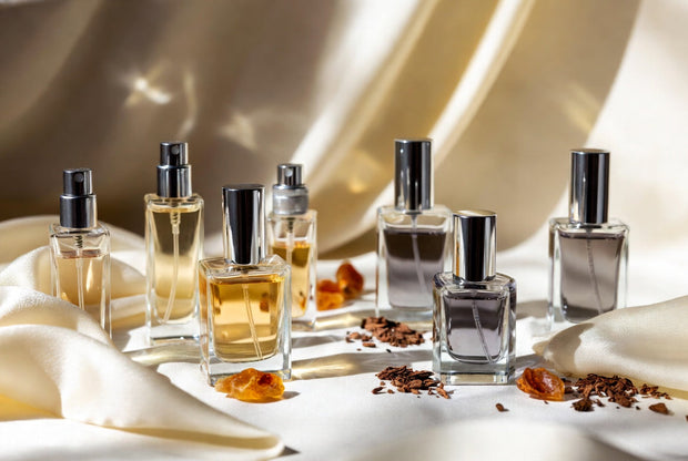 Eau de Parfum and Extrait de Parfum bottles arranged with oud wood amber resin and warm premium details for a Soghaat fragrance guide