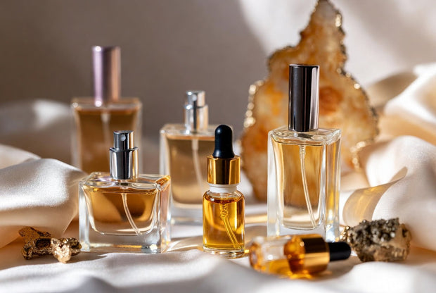 Perfume bottles oils and attars arranged with oud wood amber resin and warm premium details for a Soghaat perfume layering guide