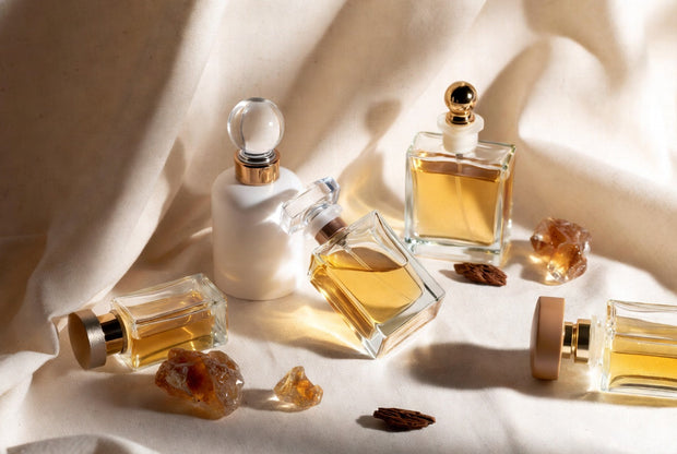 Perfume bottles stored with warm premium details oud wood amber resin and ivory fabric for a Soghaat perfume storage guide