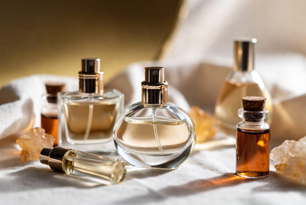 Travel size perfume bottles and compact attars arranged with warm premium details for a Soghaat fragrance discovery guide