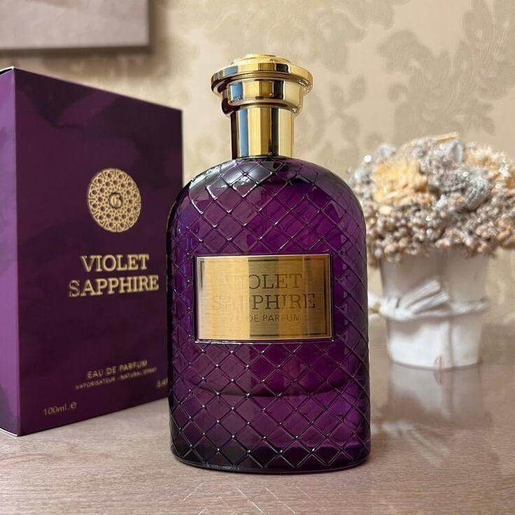 Violet Sapphire 100ml Eau de Parfum by Fragrance World fragrance packaging front view
