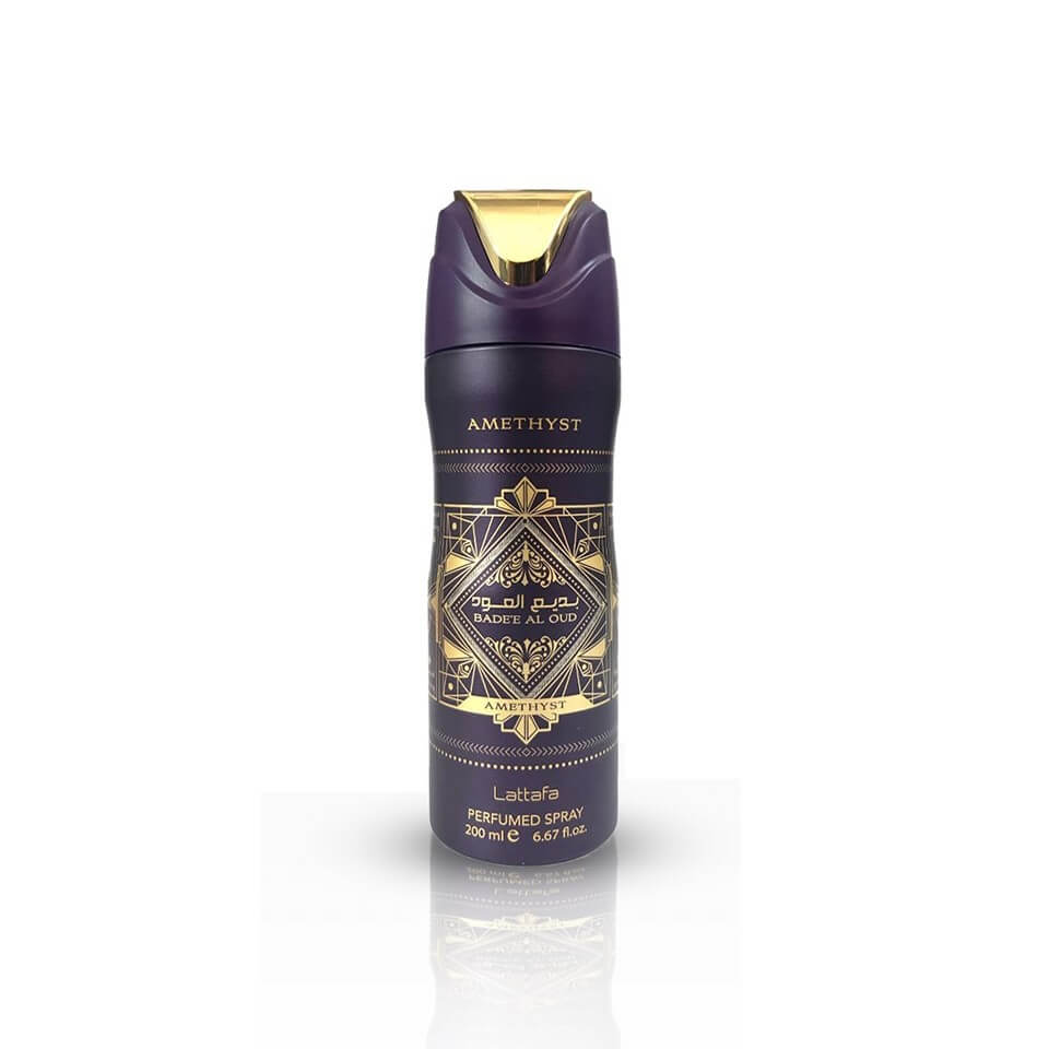 Bade’e Al Oud Amethyst (Oud For Glory Amethyst) Perfumed 200ml Body Spray by Lattafa body spray can and packaging