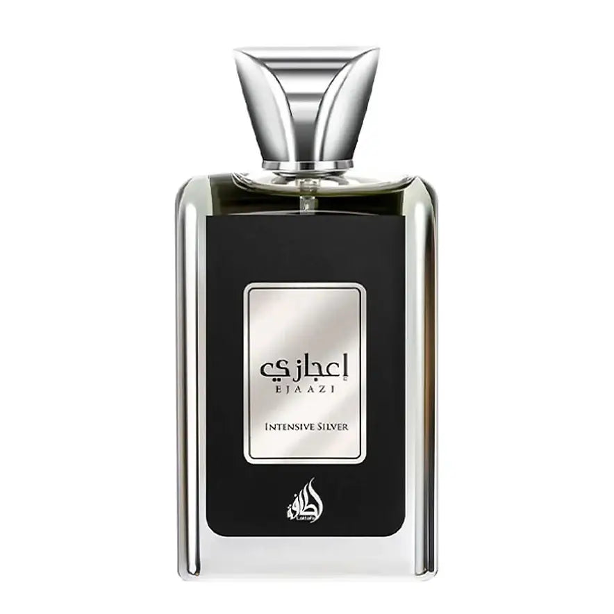 Ejaazi Intense Silver 100ml Eau de Parfum by Lattafa fragrance packaging front view