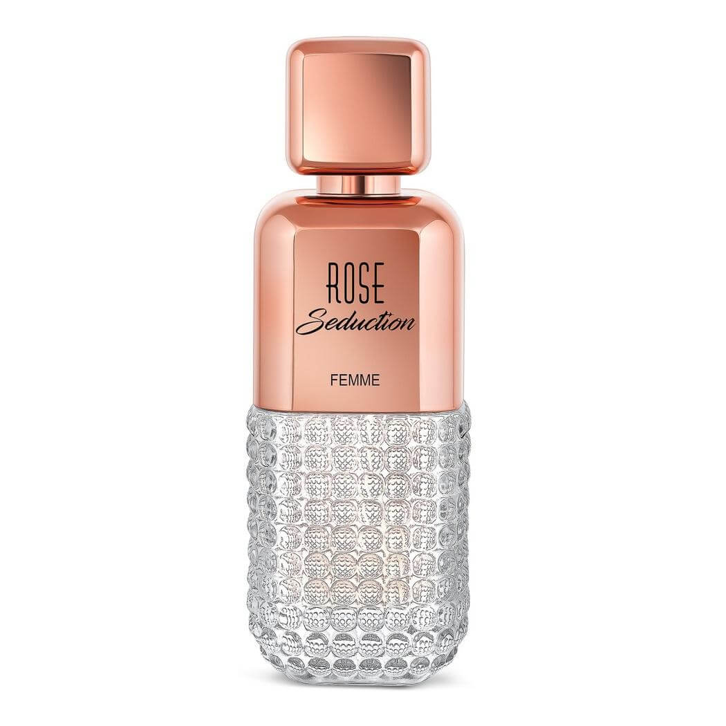 Rose Seduction Femme 100ml Eau de Parfum by Fragrance World perfume bottle close up