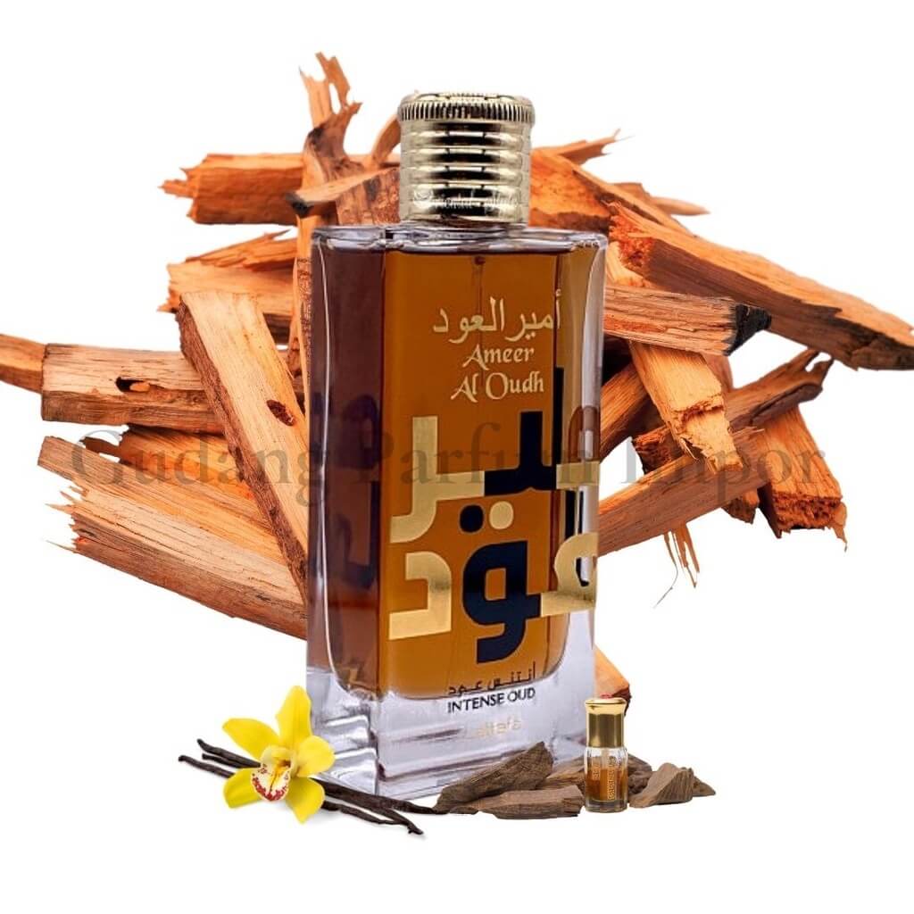 Ameer Al Oudh Intense Oud 100ml Eau de Parfum by Lattafa perfume bottle close up