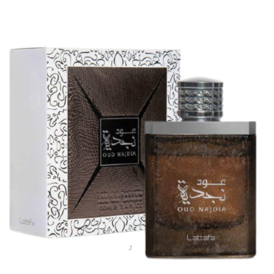 Oud Najdia for 100ml Eau de Parfum by Lattafa bottle and box