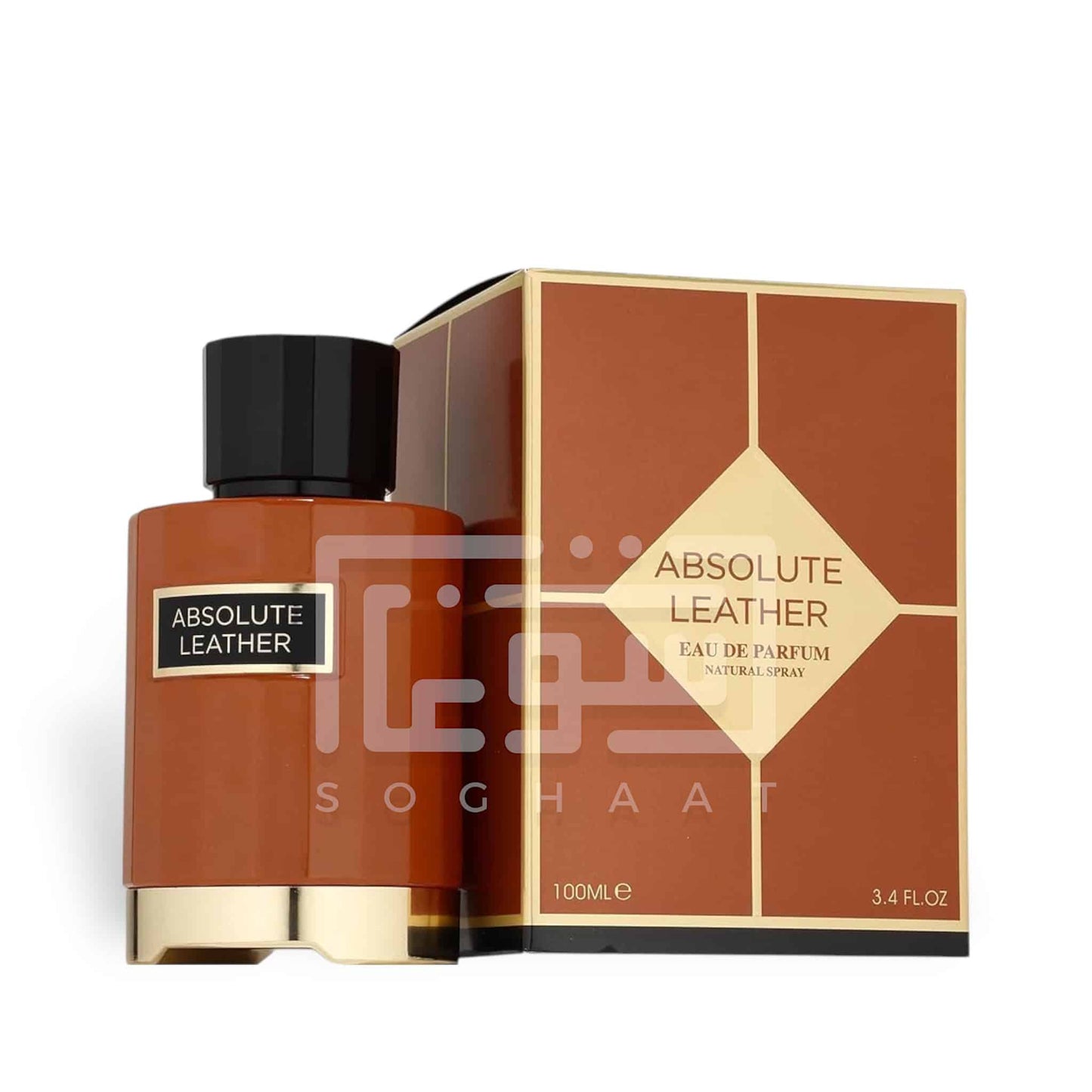 Absolute Leather 100ml Eau de Parfum by Fragrance World bottle and box
