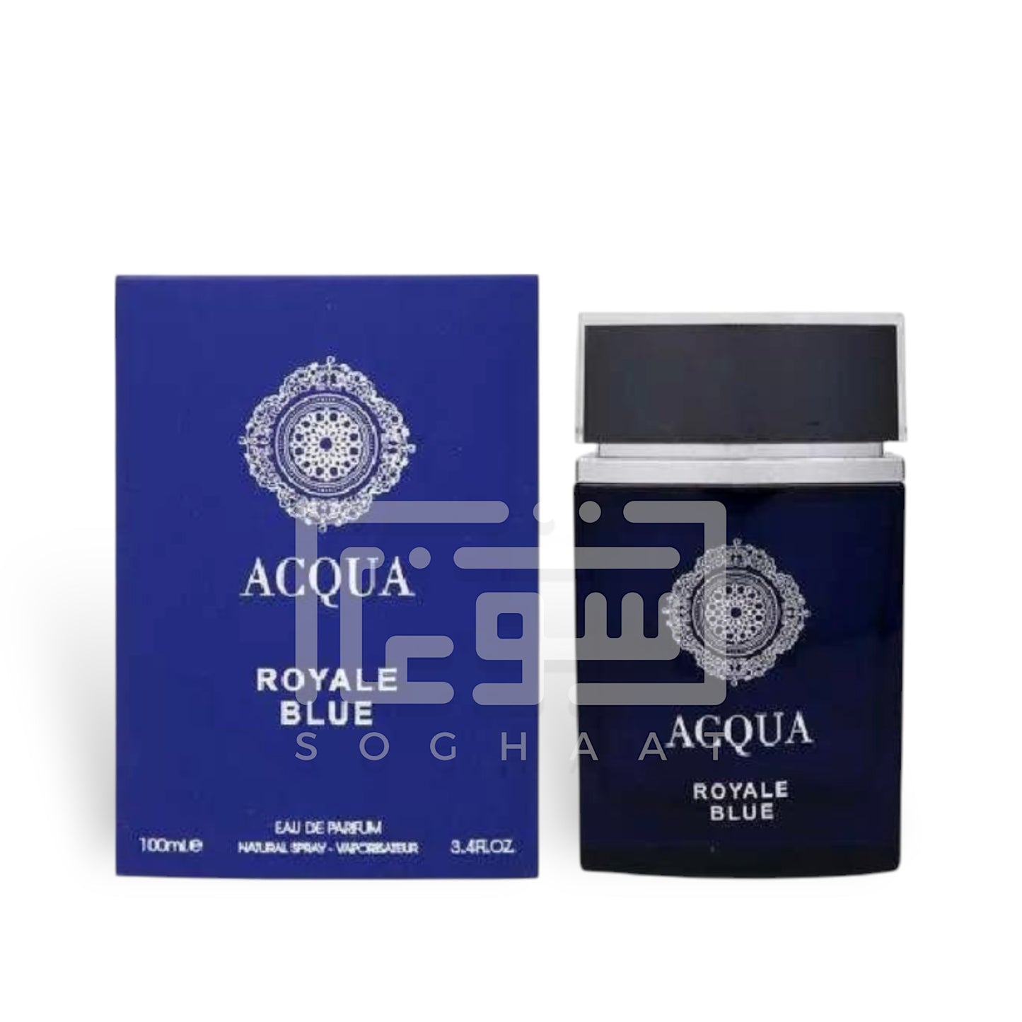 Acqua Royale Blue 100ml Eau de Parfum by Fragrance World bottle and box