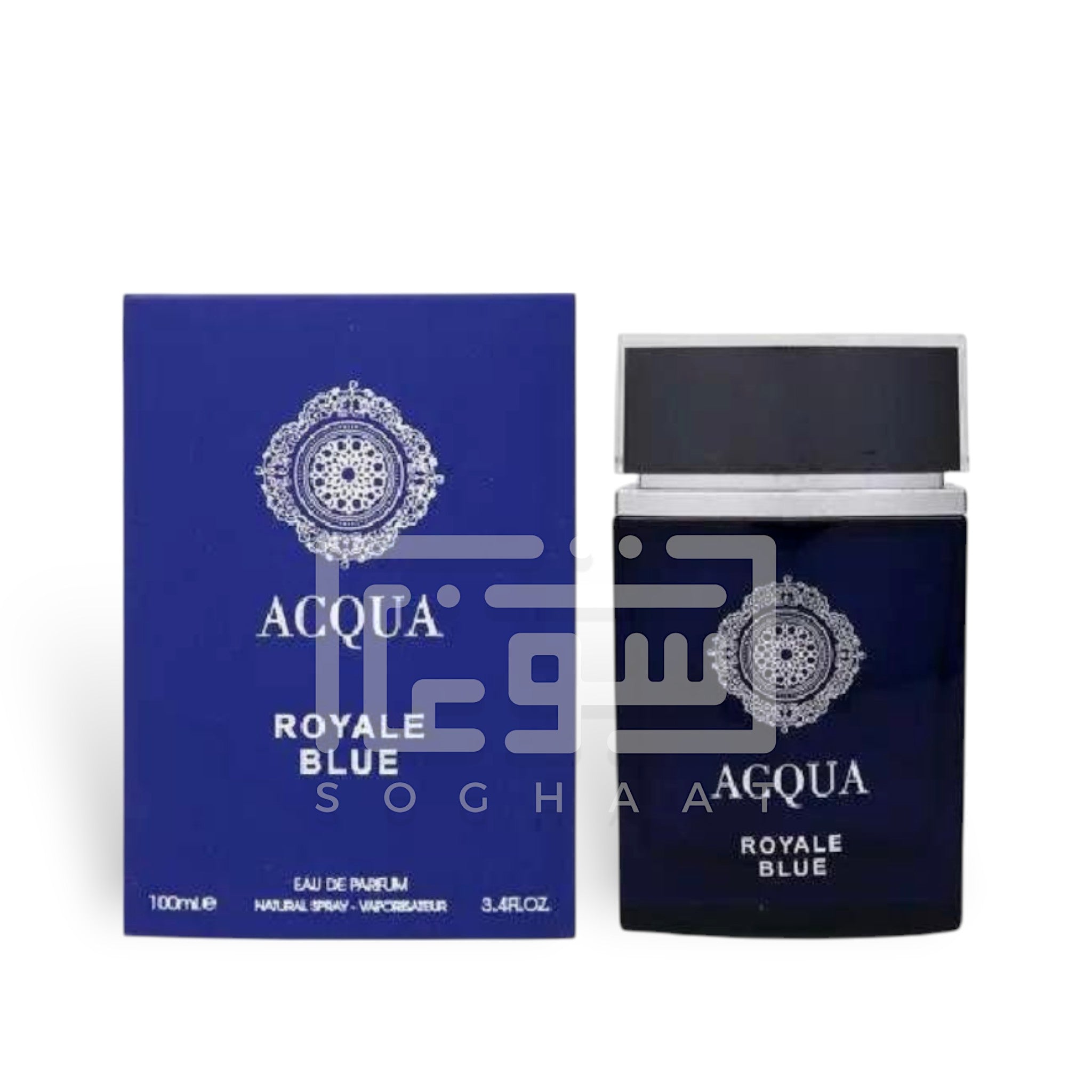 Acqua Royale Blue 100ml Eau de Parfum by Fragrance World bottle and box