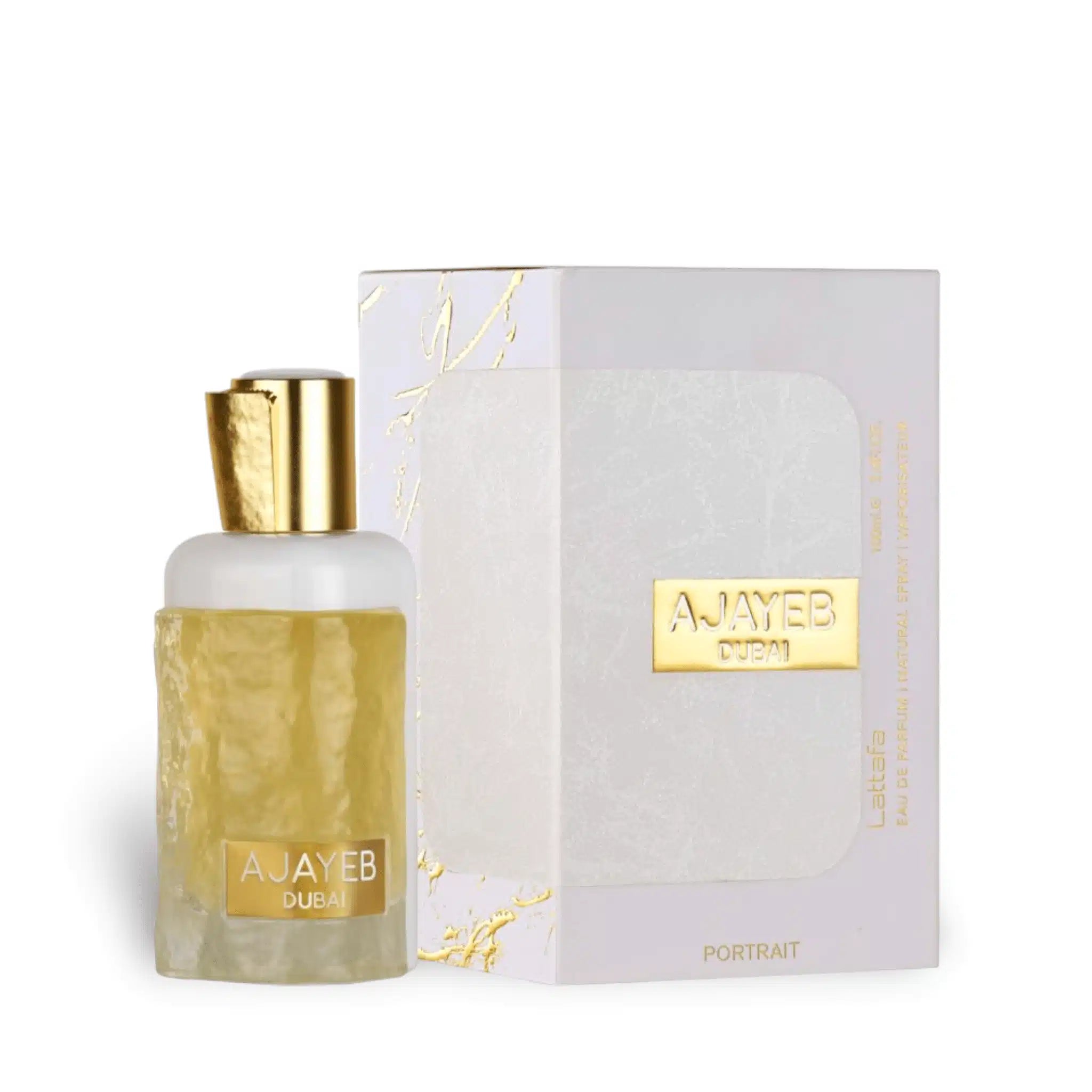 Ajayeb Dubai Portrait 100ml Eau de Parfum by Lattafa bottle and box