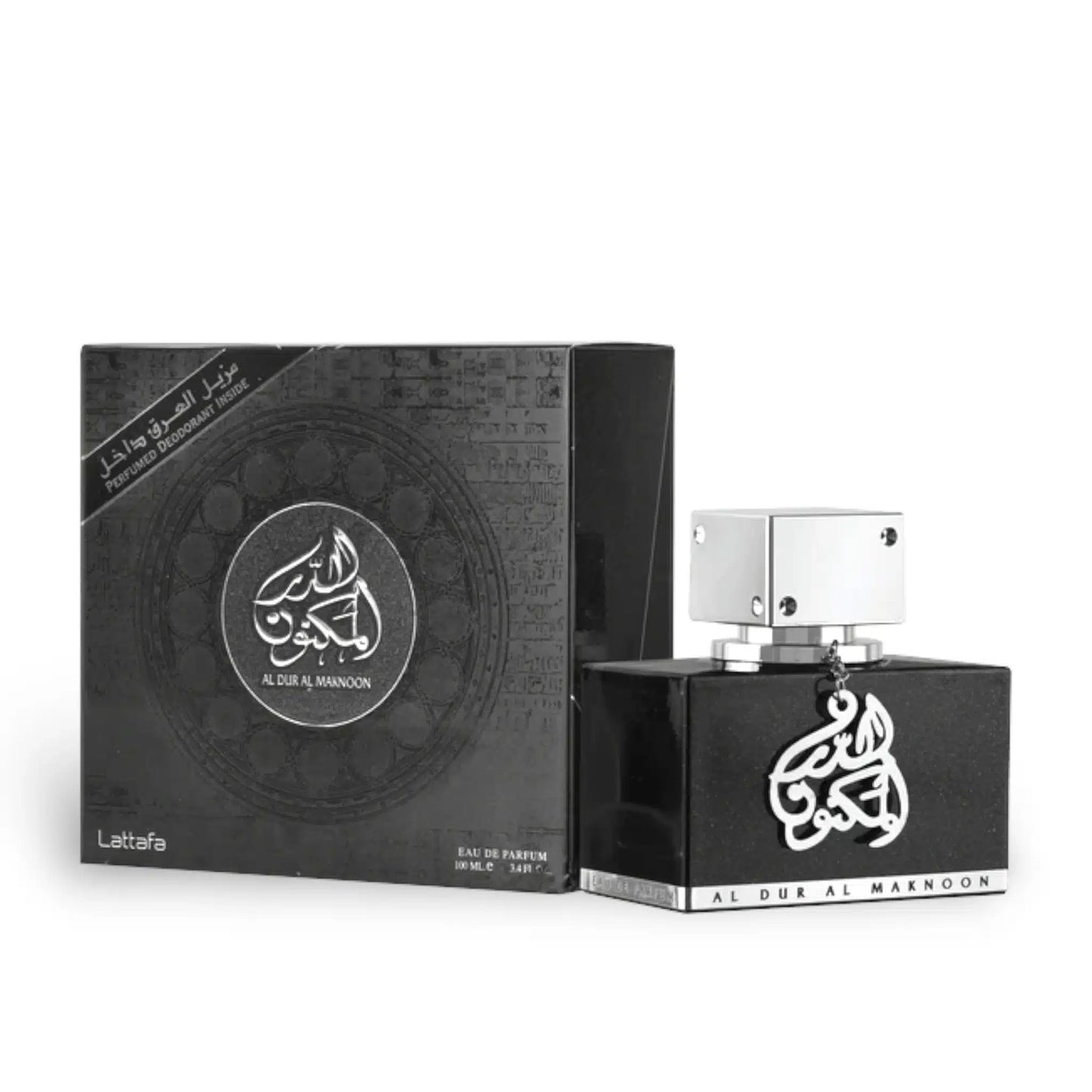 Al Dur Al Maknoon Silver 100ml Eau de Parfum by Lattafa bottle and box