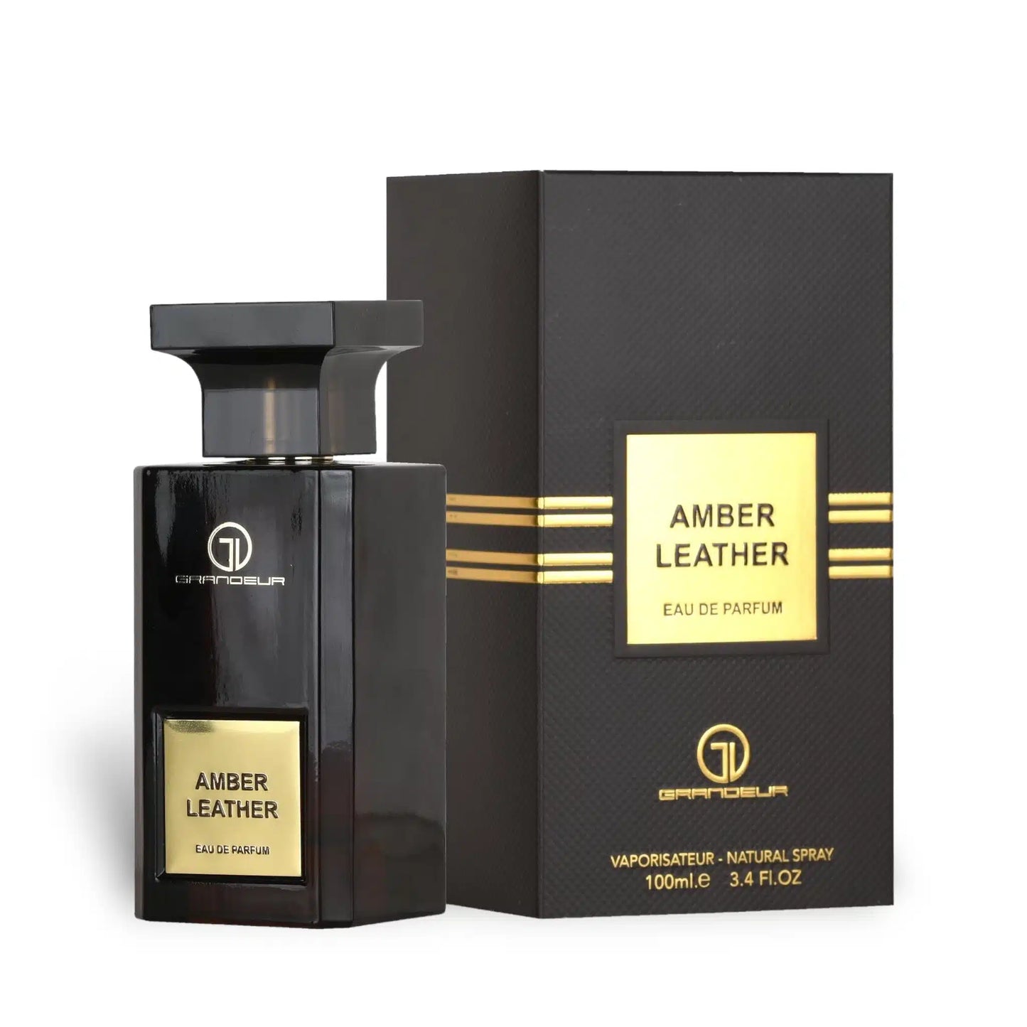 Amber Leather 100ml Eau de Parfum by Grandeur Perfumes bottle and box