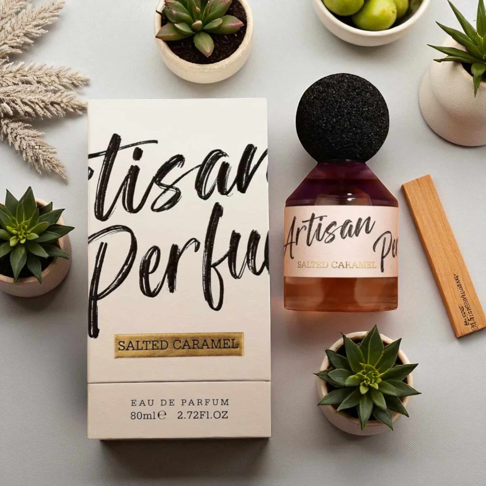 Artisan Salted Caramel 80ml Eau de Parfum by Fragrance World fragrance packaging front view