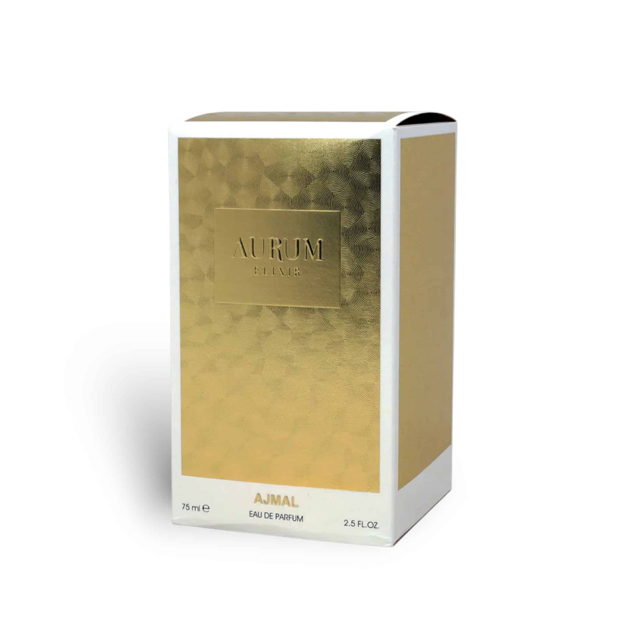 Aurum Elixir 75ml Eau de Parfum by Ajmal fragrance packaging front view