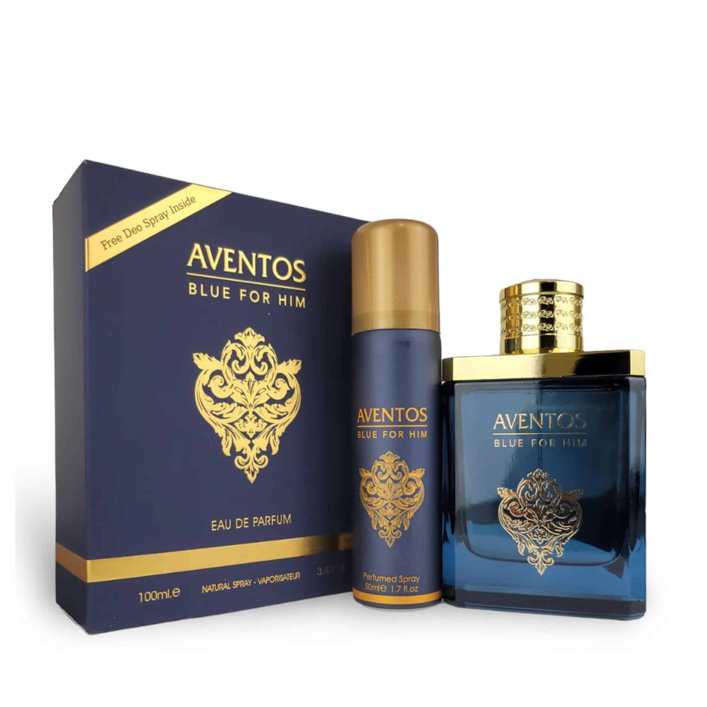 Aventos Blue For Him 100ml Eau de Parfum by Fragrance World bottle and box