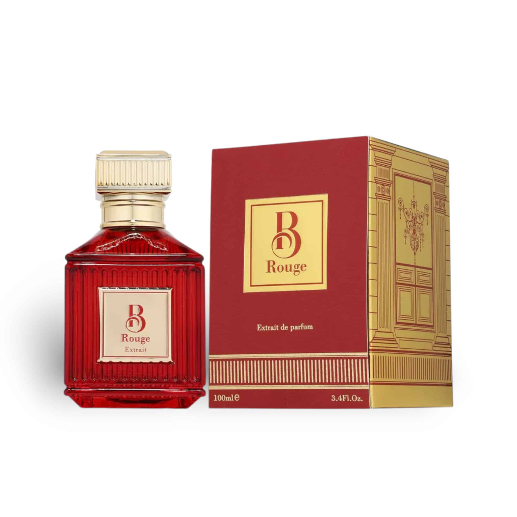 B Rouge 100ml Extrait de Parfum by Fragrance World bottle and box