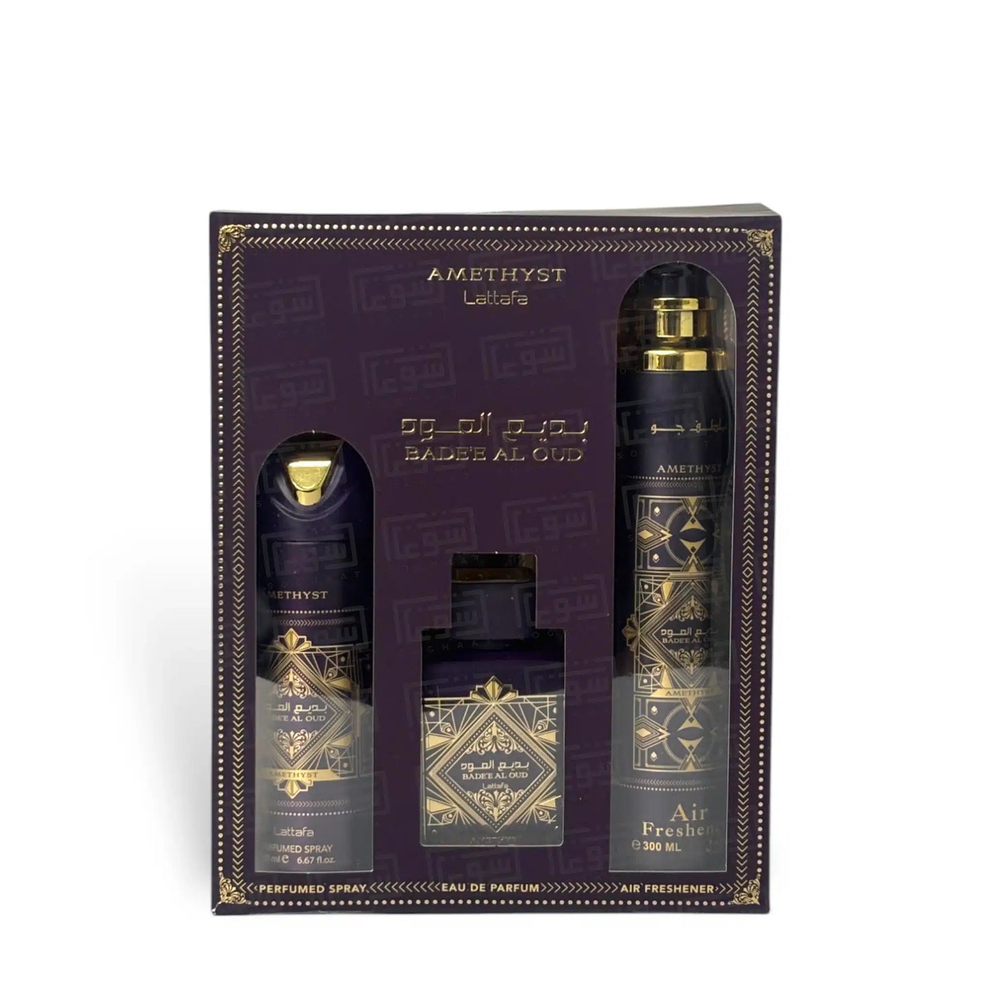 Bade'e Al Oud Amethyst Gift Set by Lattafa fragrance packaging front view