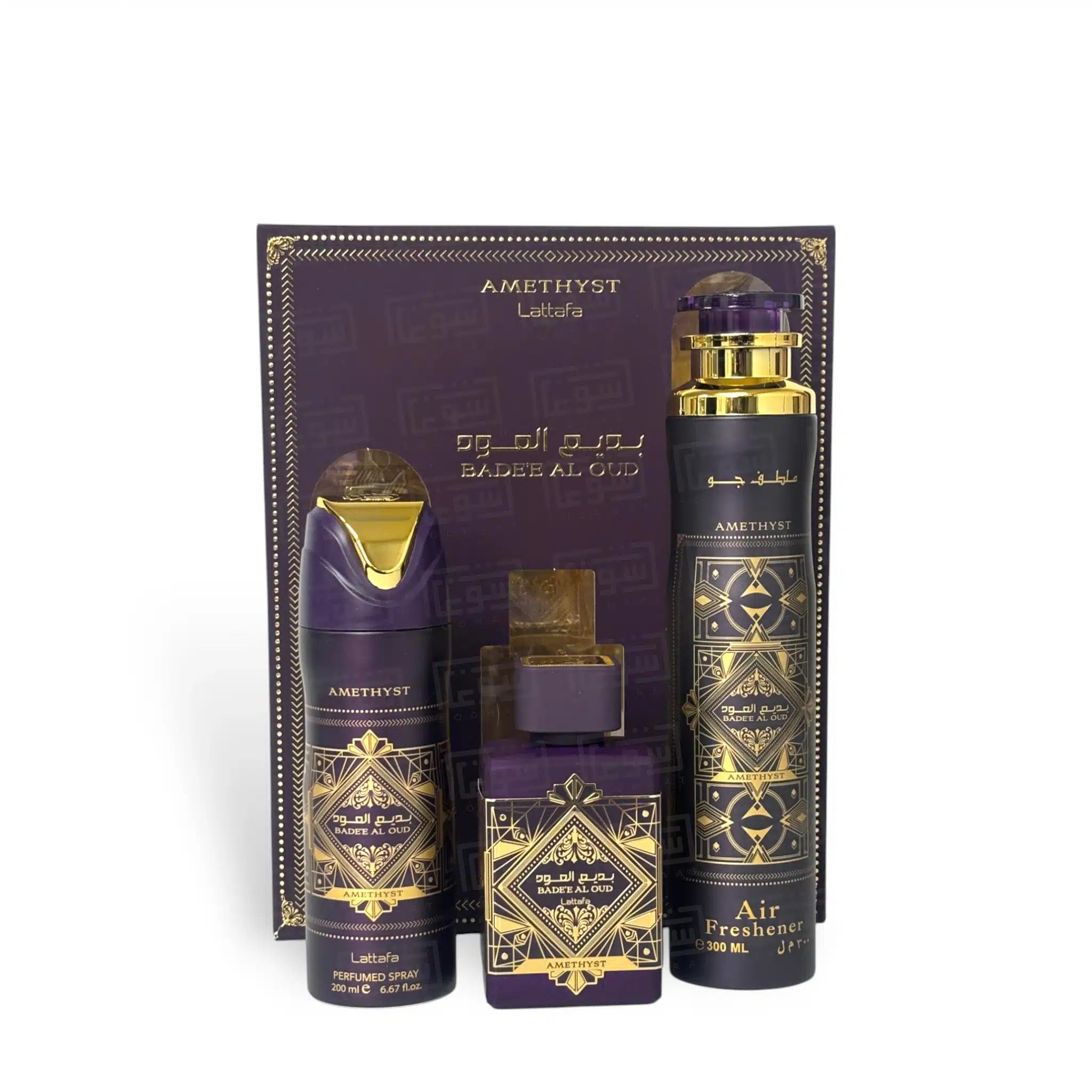 Bade'e Al Oud Amethyst Gift Set by Lattafa bottle and box