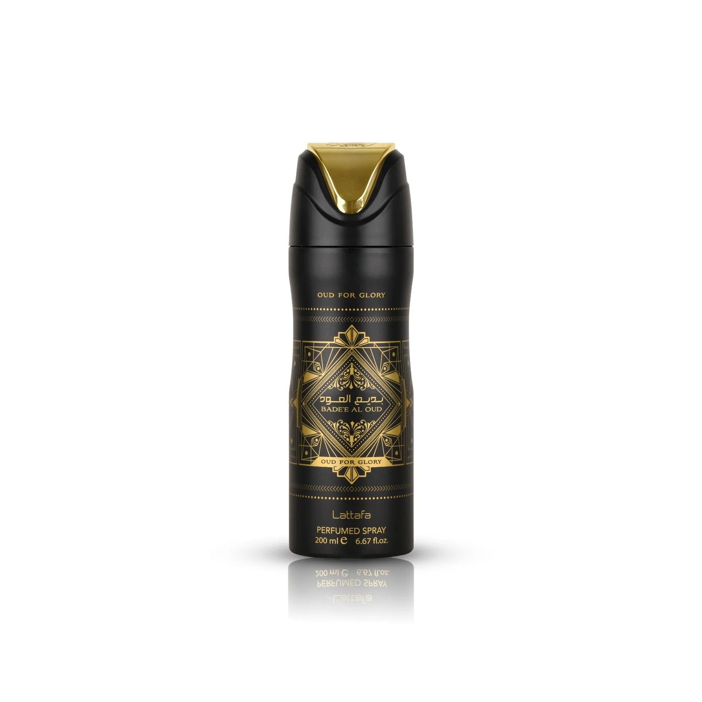 Bade’e Al Oud (Oud For Glory) Perfumed 200ml Body Spray by Lattafa body spray can and packaging