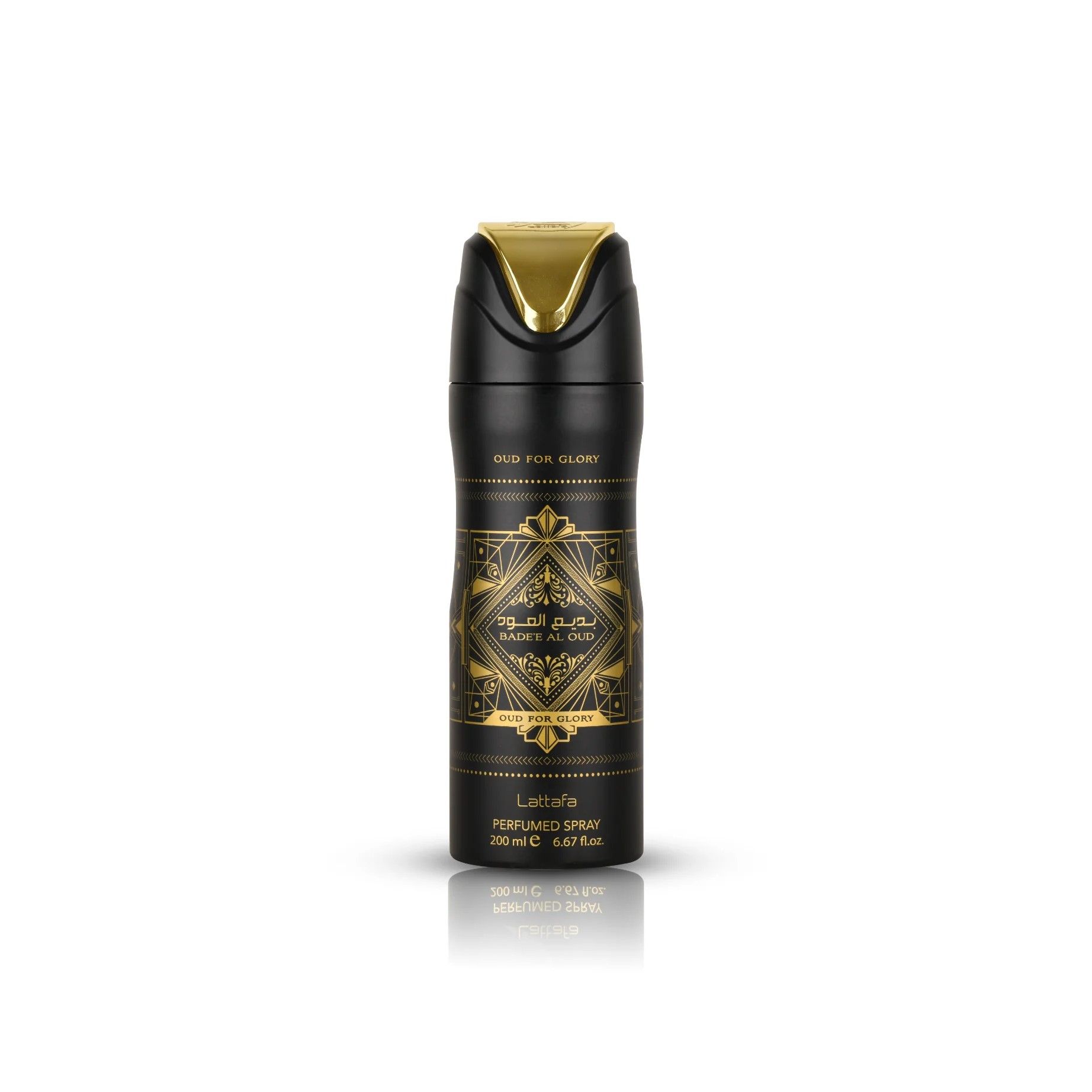 Bade’e Al Oud (Oud For Glory) Perfumed 200ml Body Spray by Lattafa body spray can and packaging