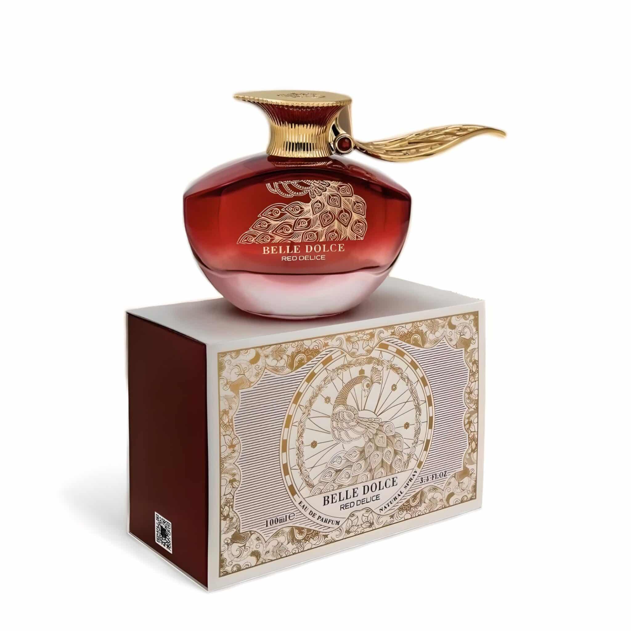 Belle Dolce Red Delice 100ml Eau de Parfum by Fragrance World perfume bottle close up