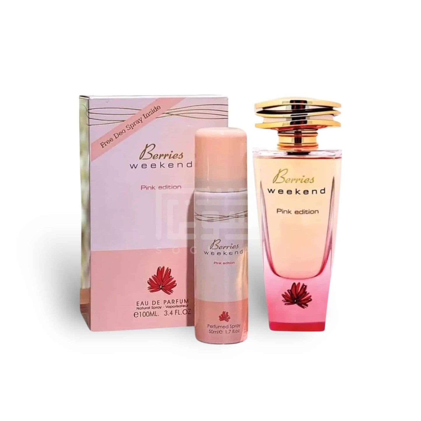 Berries Weekend Pink Edition with Deo 100ml Body Spray by Fragrance World bottle and box