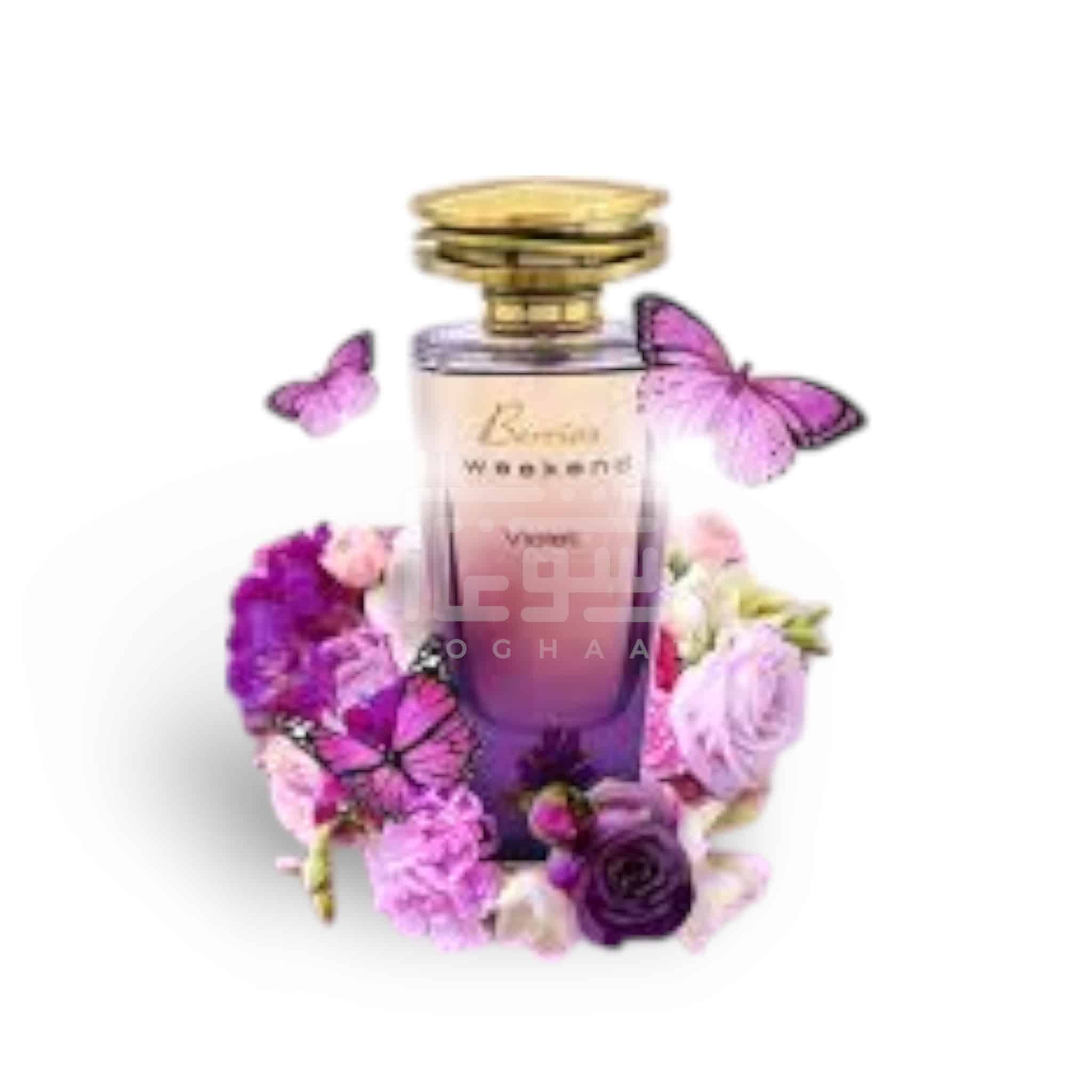 Berries Weekend Pink Edition with Deo 100ml Body Spray by Fragrance World fragrance packaging front view