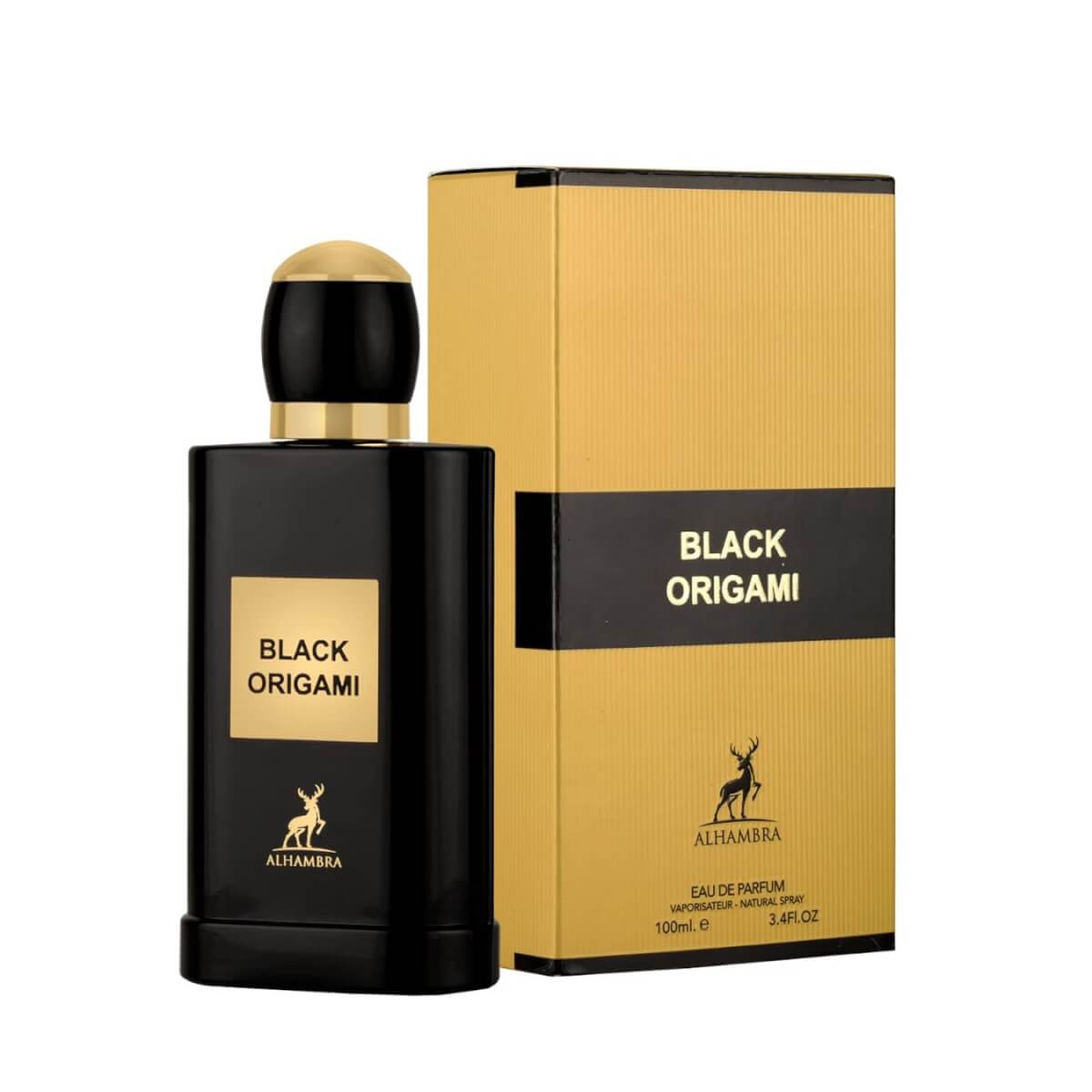 Black Origami 100ml Eau de Parfum by Maison Alhambra bottle and box