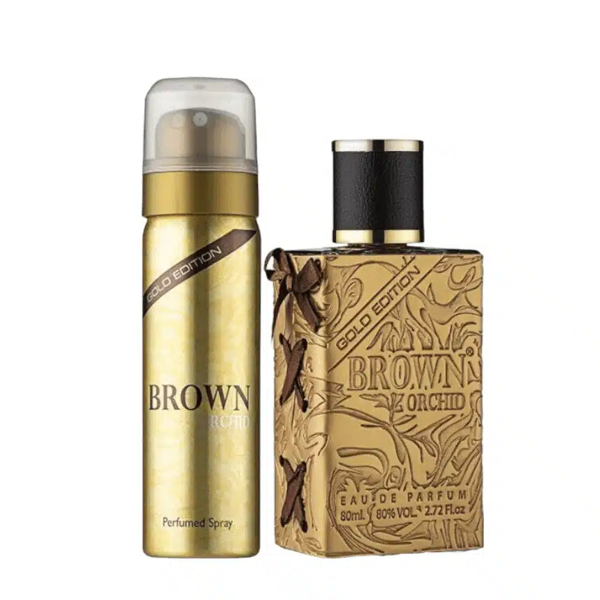 Brown Orchid Gold Edition with 80ml Body Spray by Fragrance World deodorant spray front view