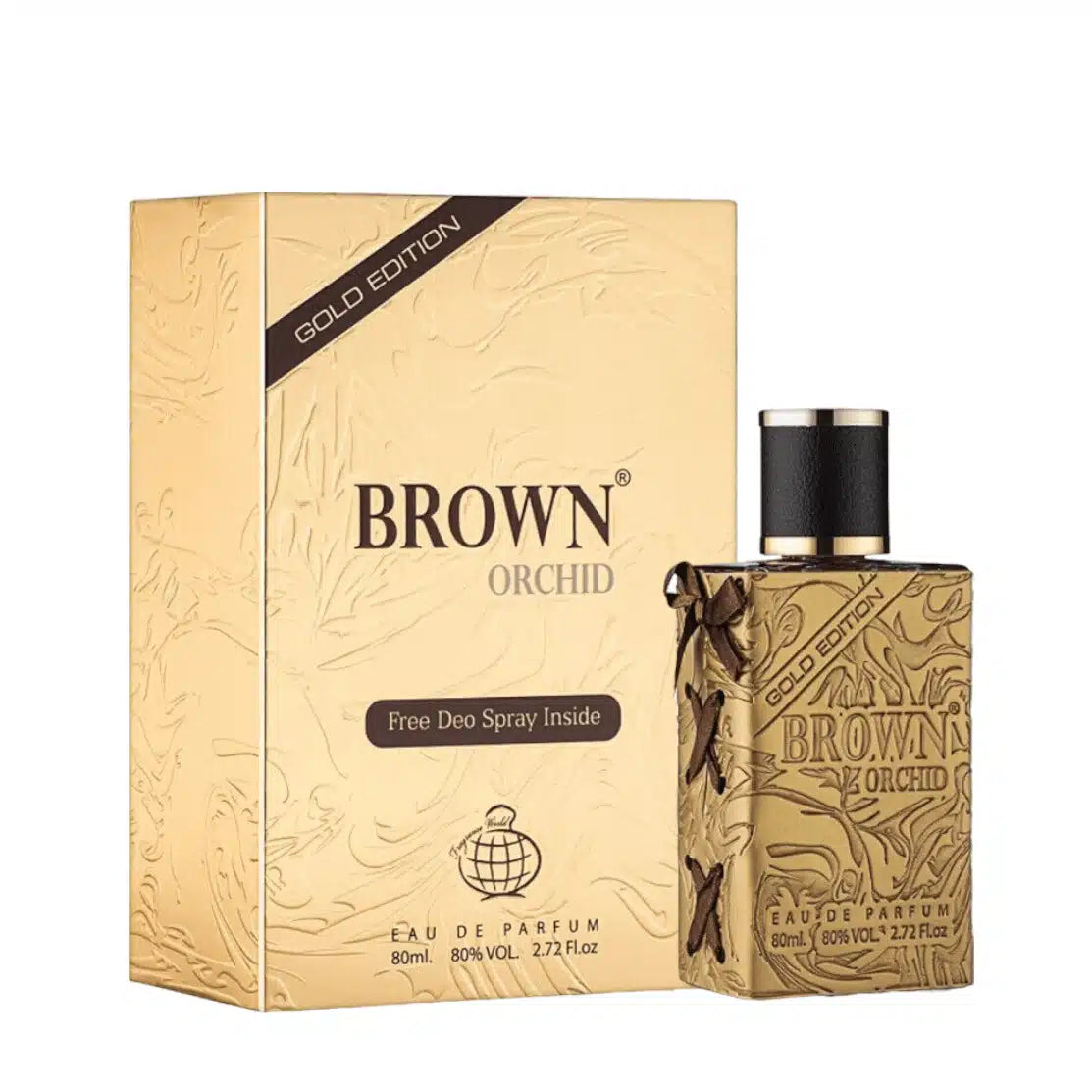 Brown Orchid Gold Edition with 80ml Body Spray by Fragrance World body spray can and packaging