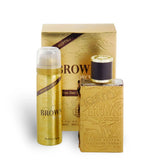 Brown Orchid Gold Edition with 80ml Body Spray by Fragrance World body spray can and packaging
