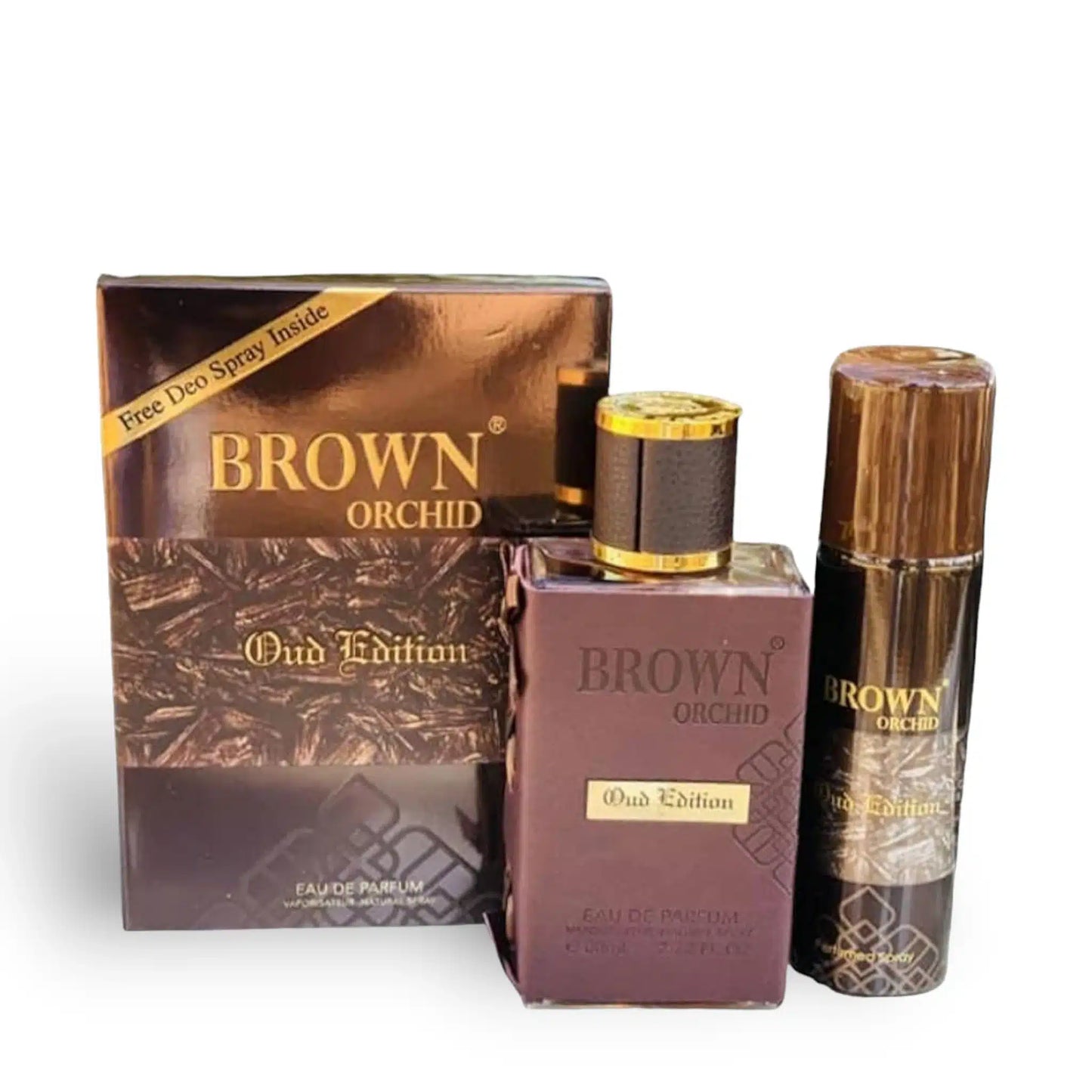 Brown Orchid Oud Edition with 80ml Body Spray by Fragrance World body spray can and packaging