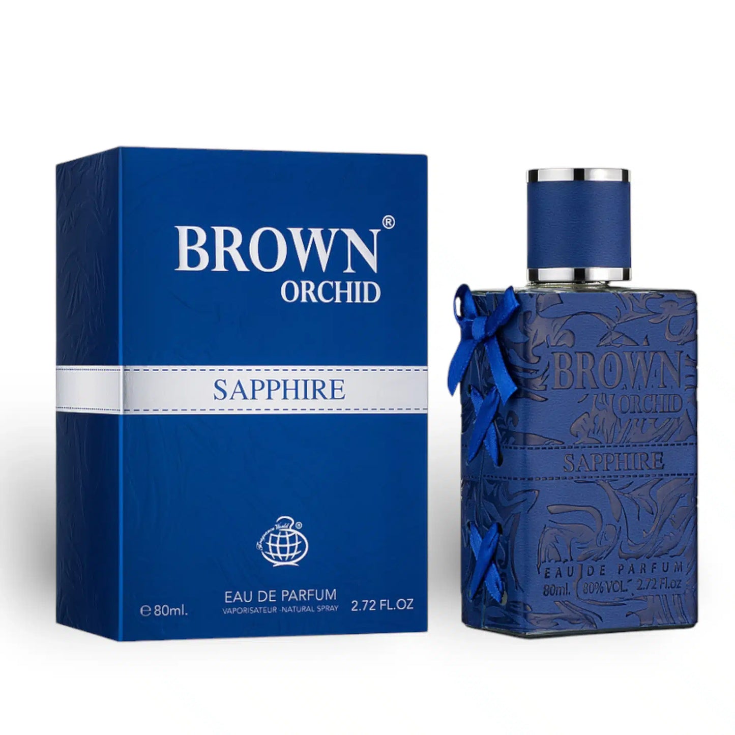 Brown Orchid Sapphire 80ml Eau de Parfum by Fragrance World bottle and box