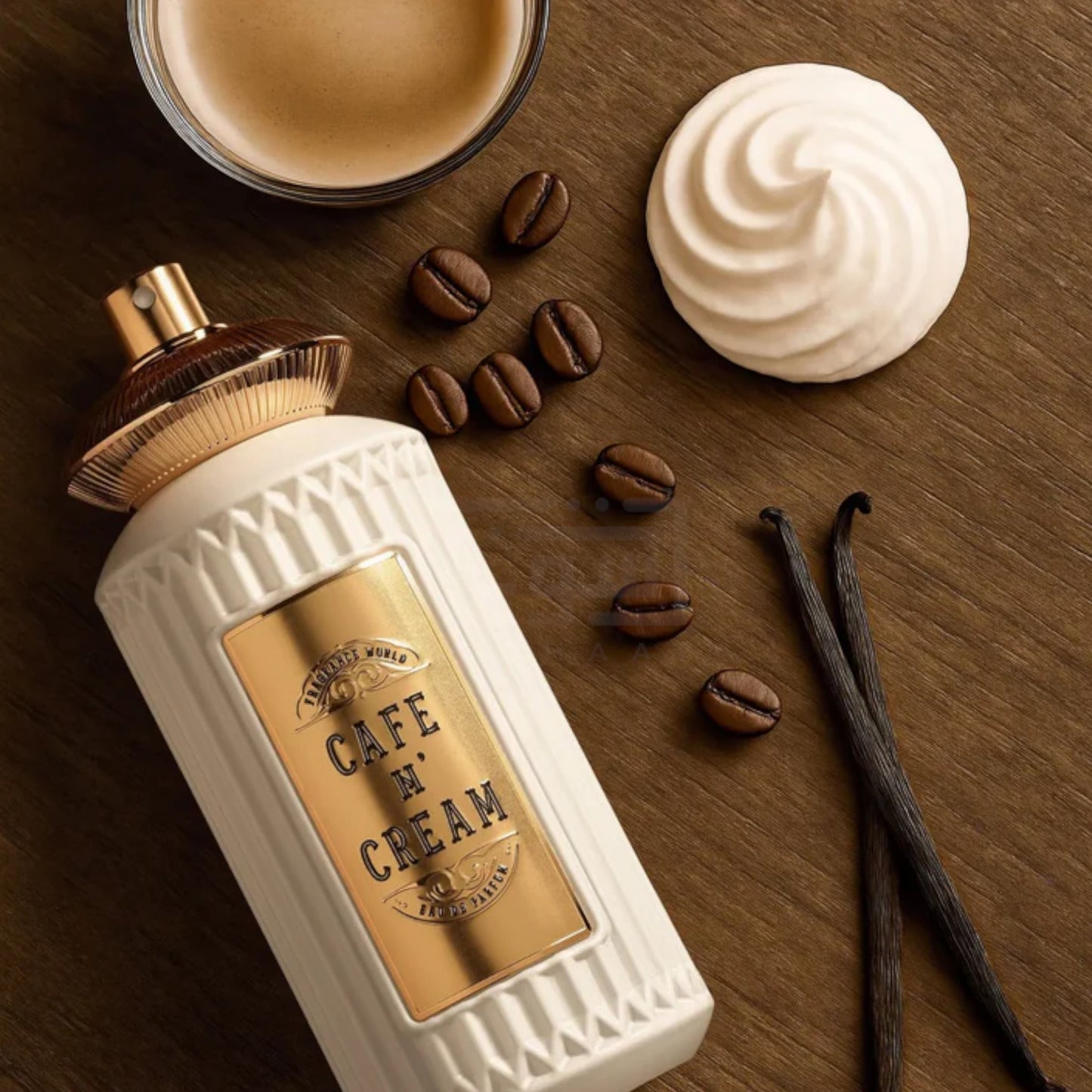 Cafe N’ Cream 100ml Eau de Parfum by Fragrance World perfume bottle close up
