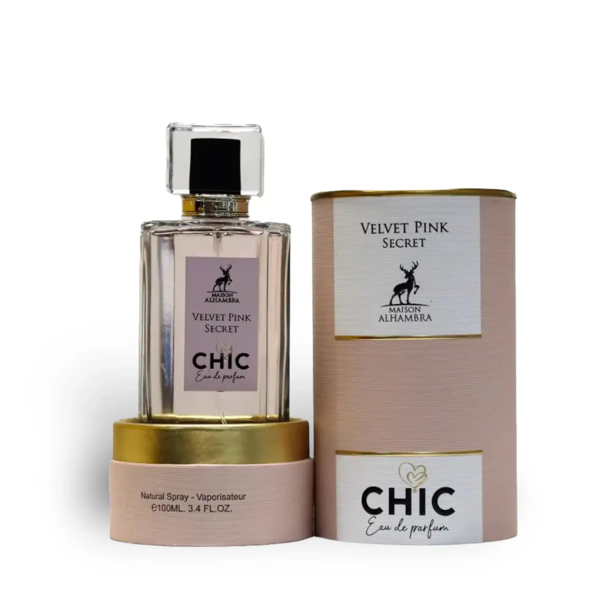 Chic Velvet Pink Secret 100ml Eau de Parfum by Maison Alhambra perfume bottle close up