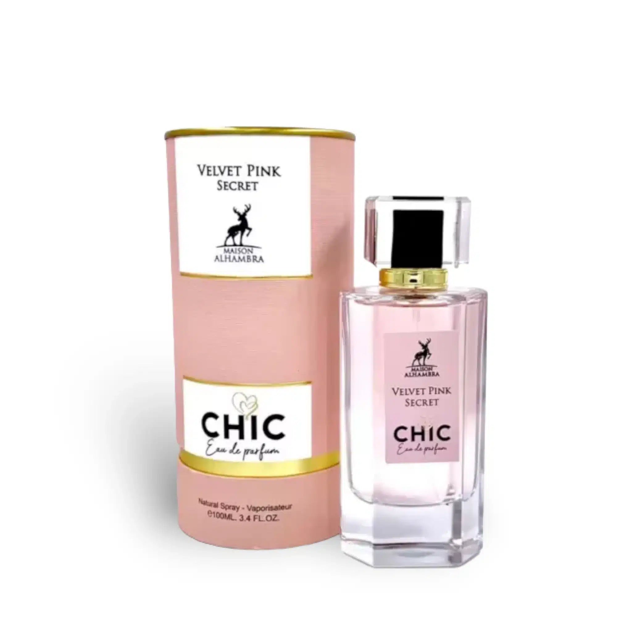 Chic Velvet Pink Secret 100ml Eau de Parfum by Maison Alhambra bottle and box
