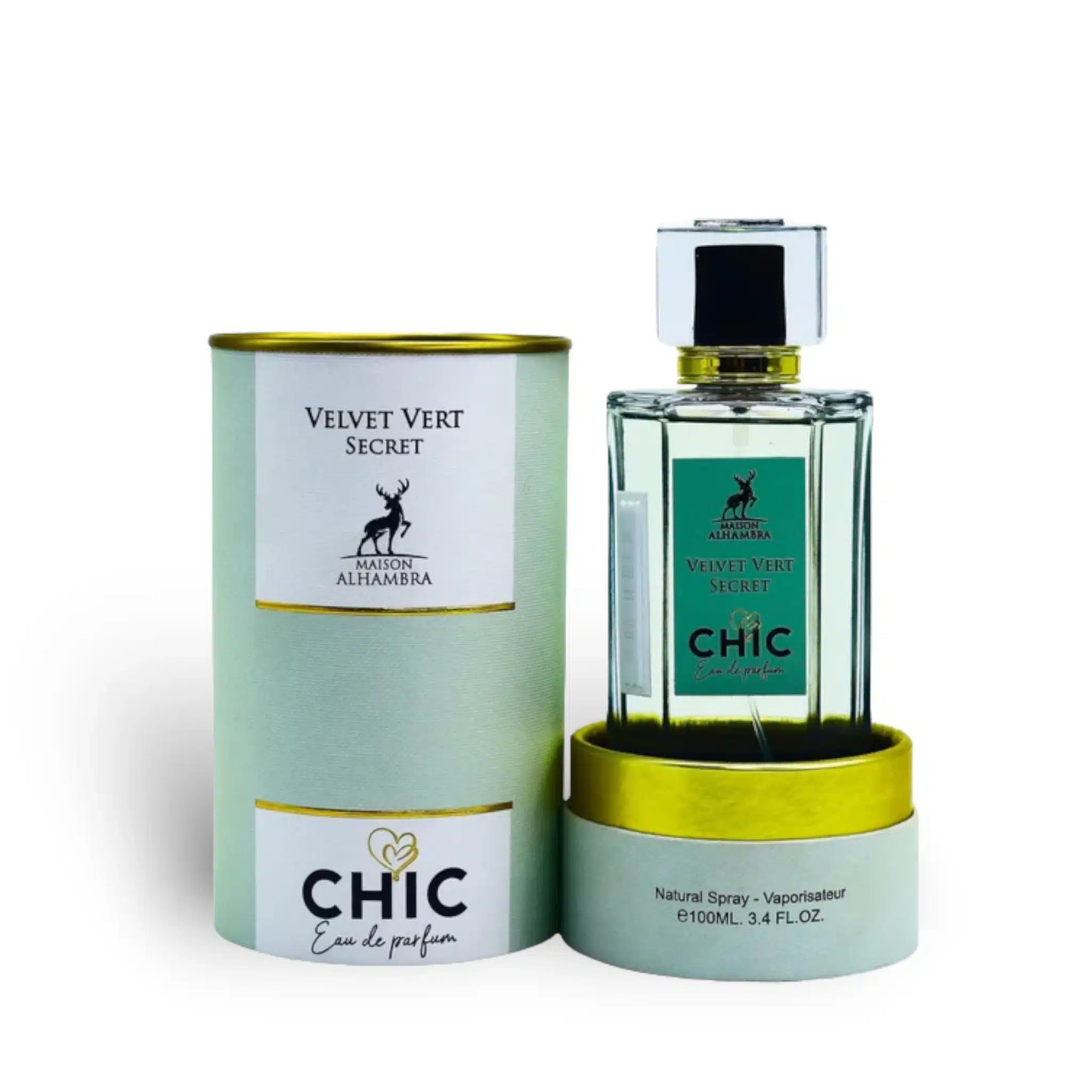 Chic Velvet Vert Secret 100ml Eau de Parfum by Maison Alhambra perfume bottle close up