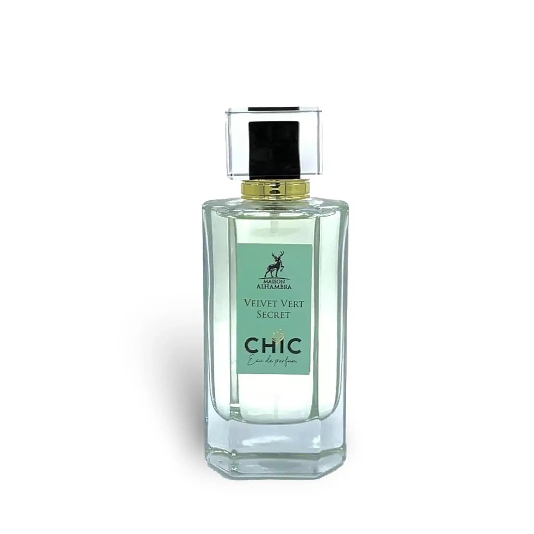 Chic Velvet Vert Secret 100ml Eau de Parfum by Maison Alhambra fragrance packaging front view