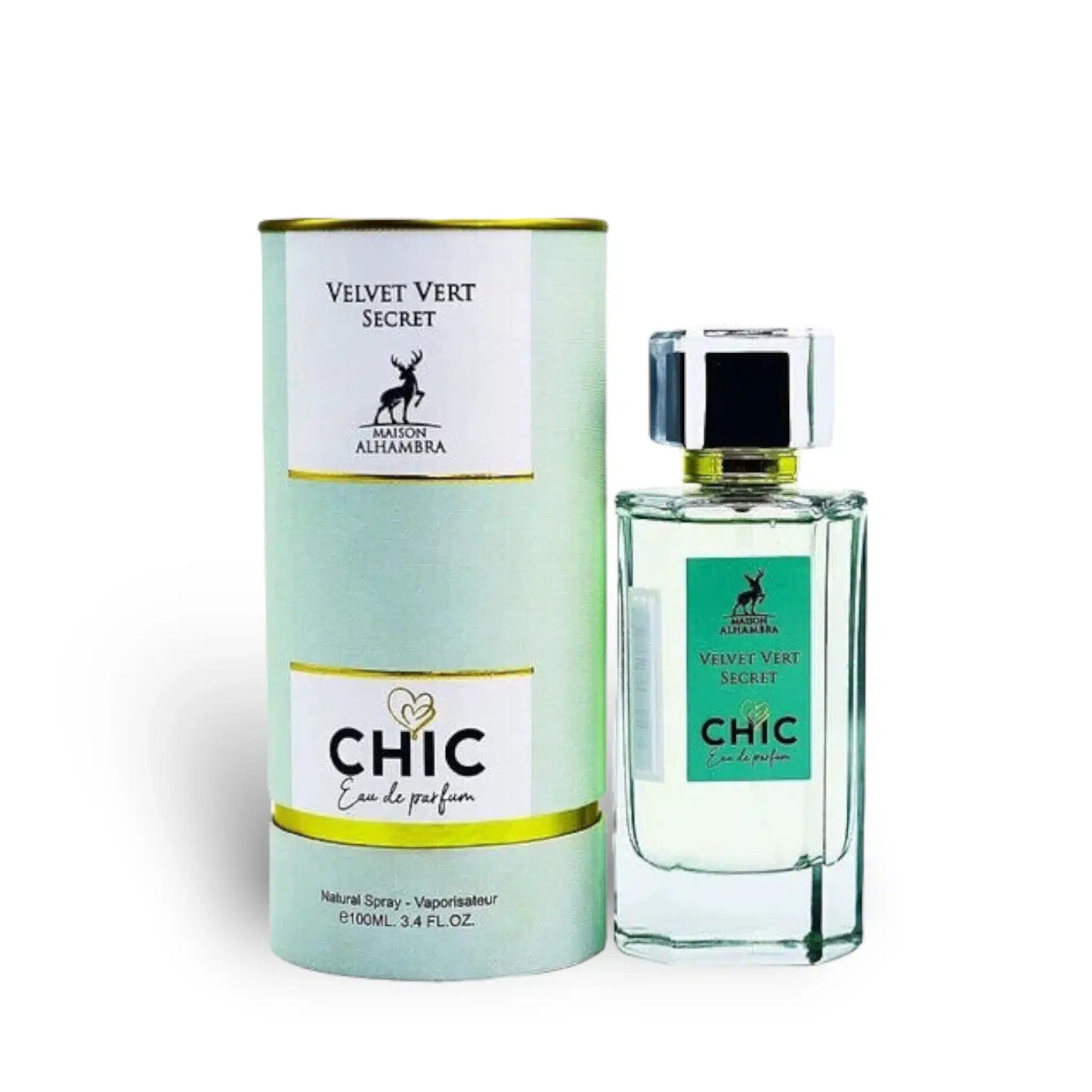 Chic Velvet Vert Secret 100ml Eau de Parfum by Maison Alhambra bottle and box