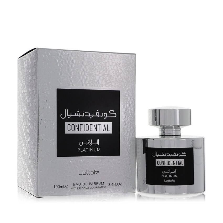 Confidential Platinum 100ml Eau de Parfum by Lattafa bottle and box