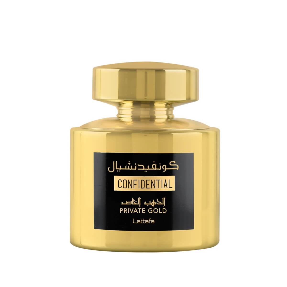 Confidential Private Gold 100ml Eau de Parfum by Lattafa fragrance packaging front view
