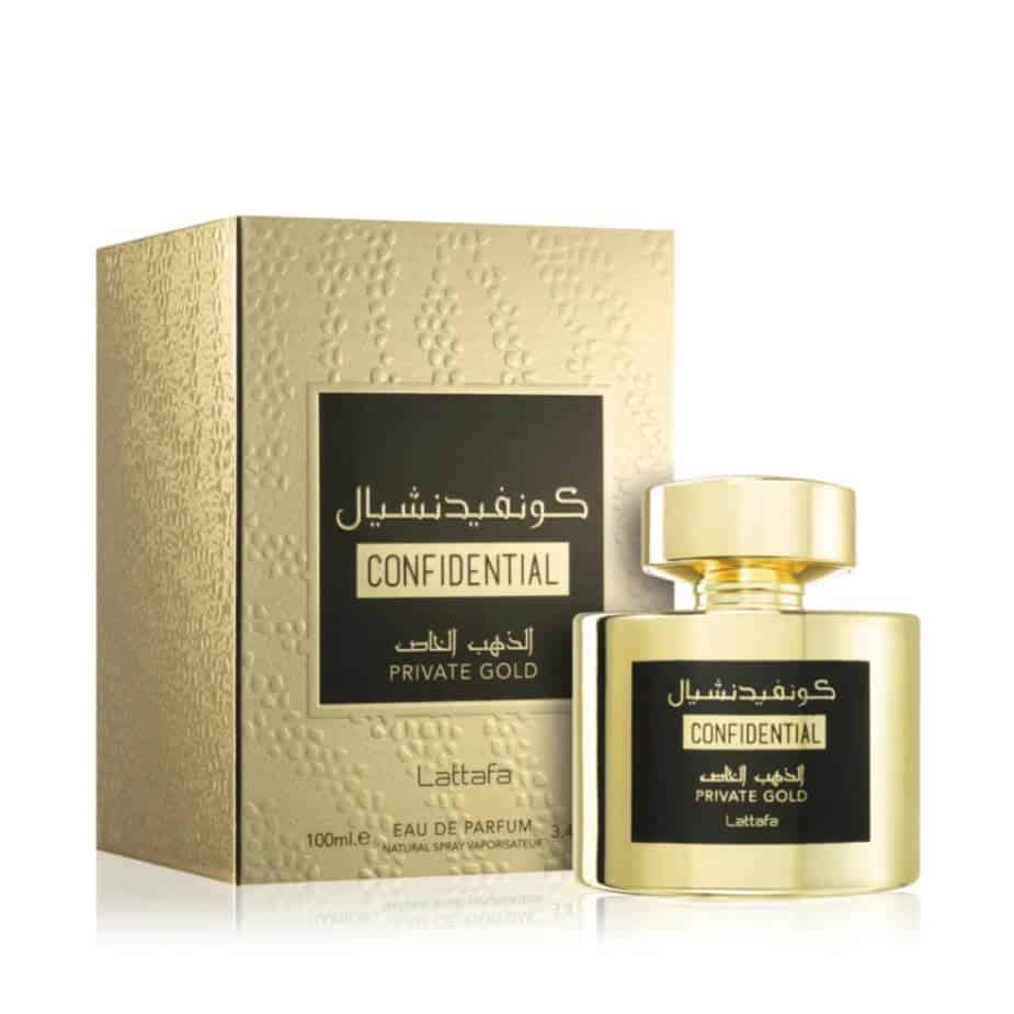 Confidential Private Gold 100ml Eau de Parfum by Lattafa bottle and box