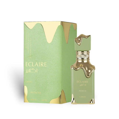 Eclaire Pistache 100ml Eau de Parfum by Lattafa bottle and box
