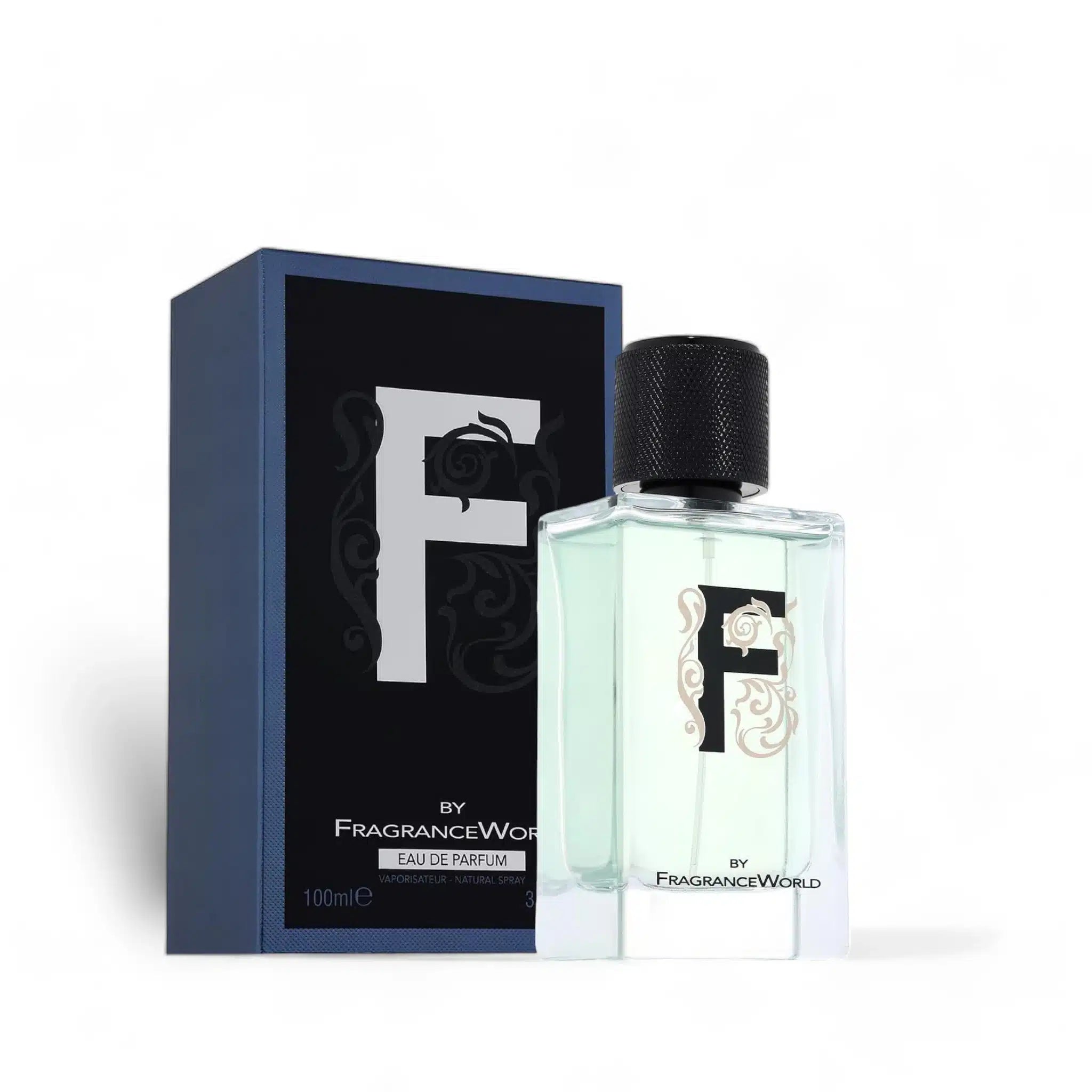 F 100ml Eau de Parfum by Fragrance World bottle and box