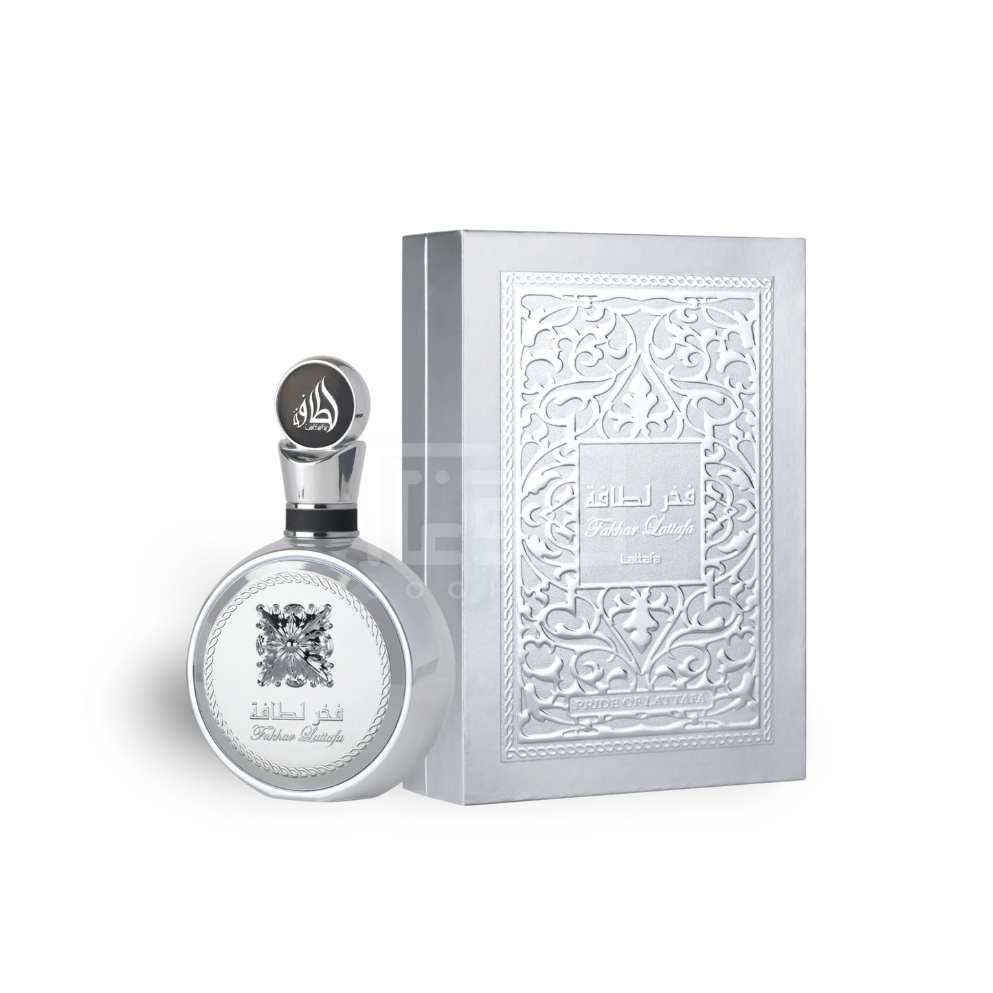 Fakhar Lattafa Platin 100ml Eau de Parfum by Lattafa bottle and box