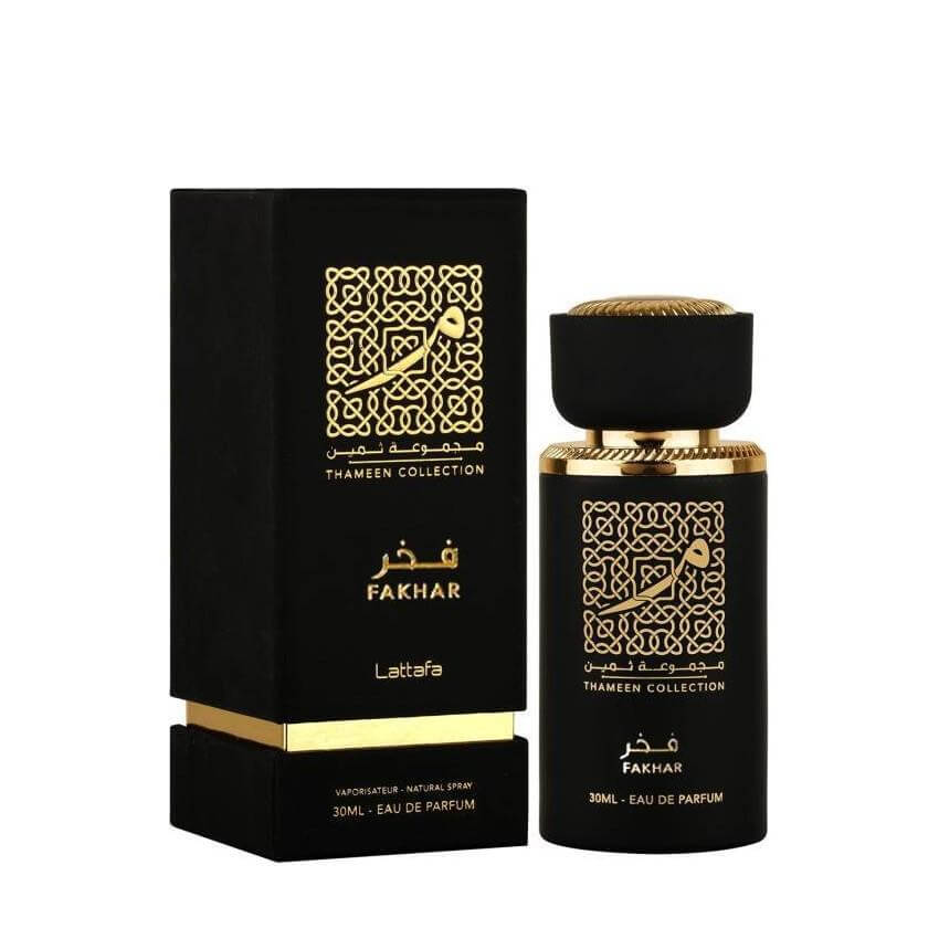 Fakhar (Thameen Collection) 30ml Eau de Parfum by Lattafa bottle and box