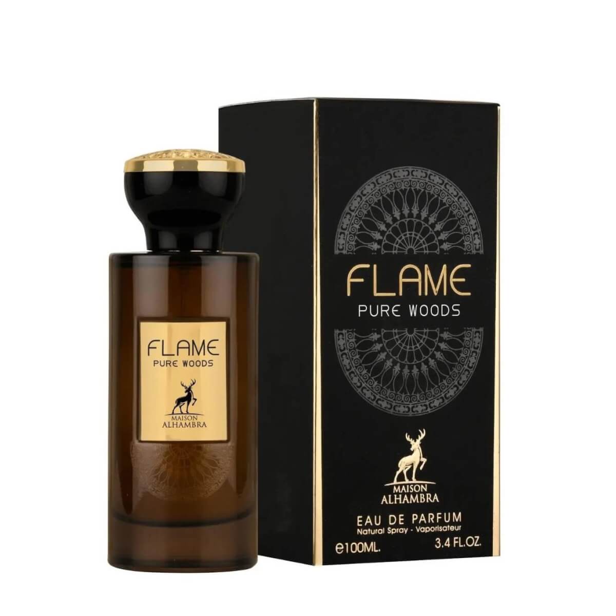 Flame Pure Woods 100ml Eau de Parfum by Maison Alhambra bottle and box