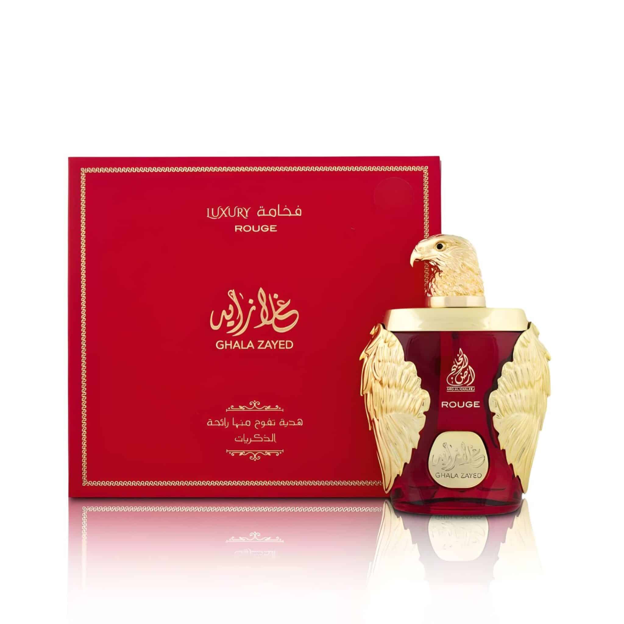 Ghala Zayed Luxury Rouge 100ml Eau de Parfum by Ard Al Khaleej bottle and box